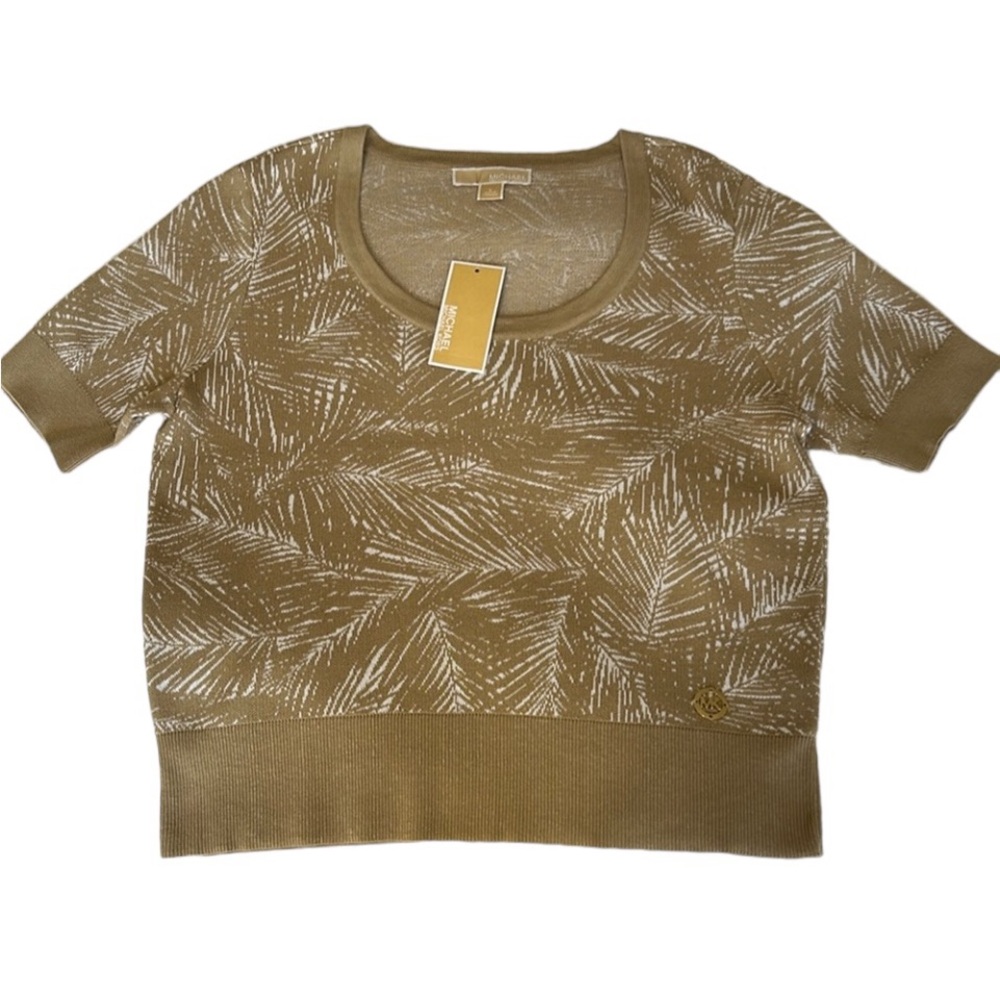 Michael Kors Short sleeve, Crew-neck Tan & White Sweater with Palm Design size L